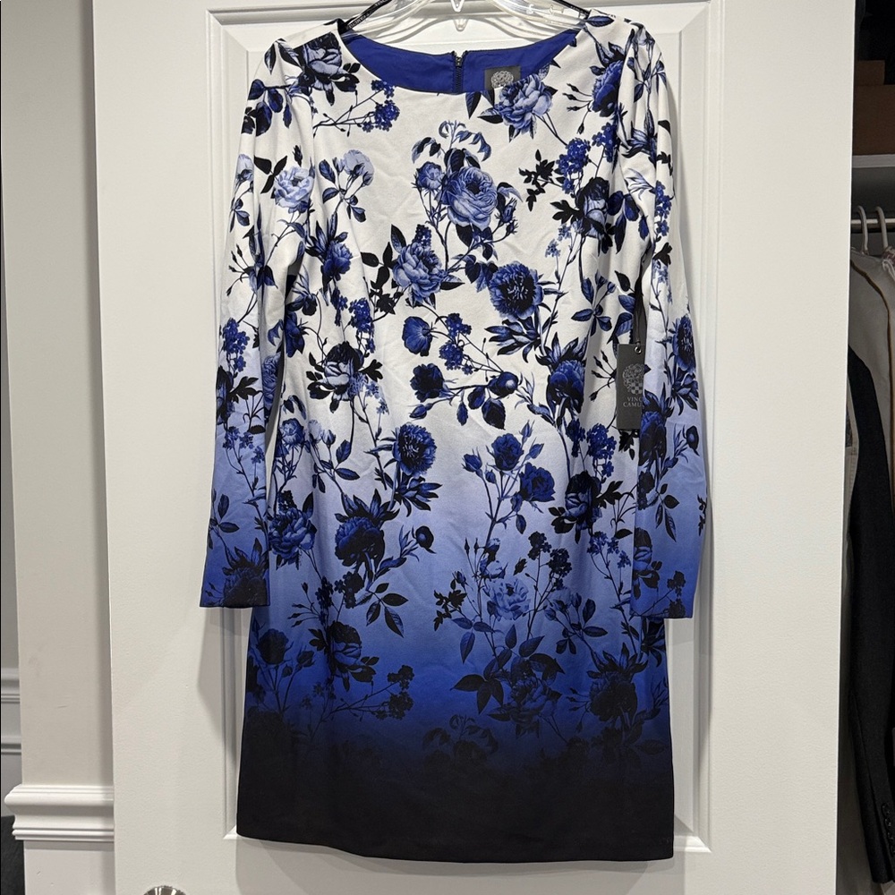 Vince Camuto Blue Ombre Floral Long-Sleeve Dress